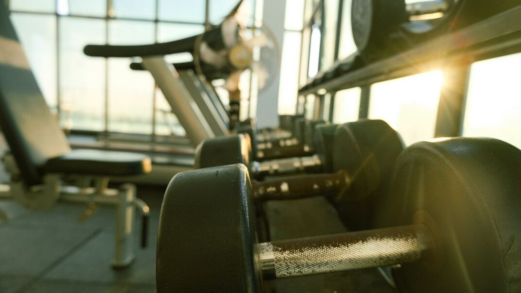 Dumbbells and fitness equipment in a bright gym