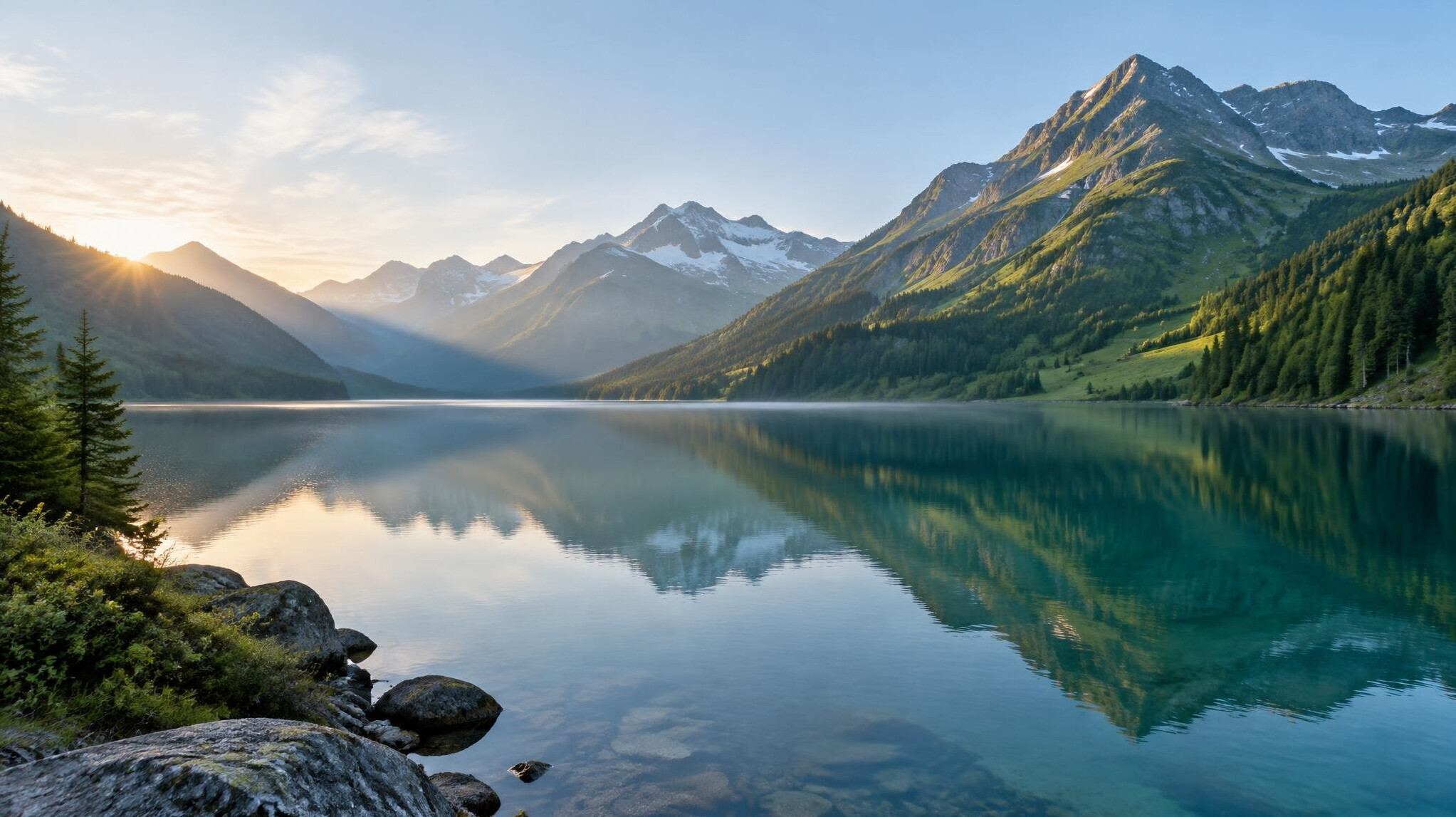 Mountain lake landscape at sunrise